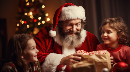 Fototapeta na wymiar Santa Claus giving present to children for the new year, Santa Claus with kids indoors christmas celebration concept, Beautiful Christmas decorations, generative ai