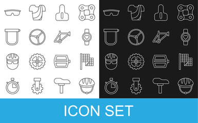 Set line Bicycle helmet, Checkered flag, Smart watch, seat, wheel, lock, Sport cycling sunglasses and frame icon. Vector