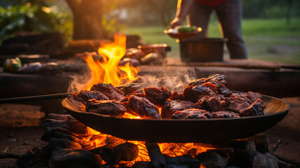 Grilling meat on barbecue Stake 