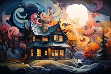 Illustration of a beautiful wooden house with lights and colored trees amidst moonlight in the style of colorful turbulence.
