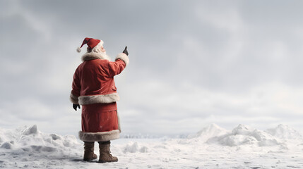Santa Claus isolated in snowy winter landscape, points with joy, Generative AI.