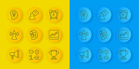Set line Megaphone, Front end development, Head puzzles strategy, Award cup, Financial growth increase, Human with lamp bulb, Alarm clock and question mark icon. Vector