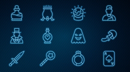 Set line Playing cards, Psilocybin mushroom, Magic ball, Bottle with love potion, Magician, Ghost and Witch cauldron icon. Vector