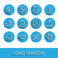 Set line Witch hat, Magic lamp or Aladdin, Hand holding fire, Medieval sword, Voodoo doll, Wizard warlock, Zombie hand and Ancient magic book icon. Vector