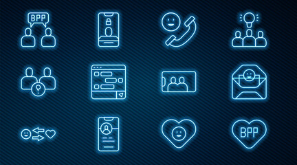 Set line BFF or best friends forever, Envelope with Valentine heart, Incoming call on mobile, Chat messages laptop, Complicated relationship, Selfie and icon. Vector