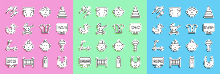 Set line Baby bib, Rattle baby toy, Speech bubble dad, Little boy head, stroller, Rubber duck, Sperm and t-shirt icon. Vector