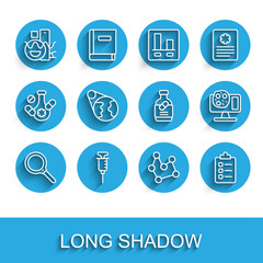 Set line Magnifying glass, Syringe, Basic geometric shapes, Chemical formula, To do list planning, Earth globe, Genetic engineering and Medicine bottle and pills icon. Vector