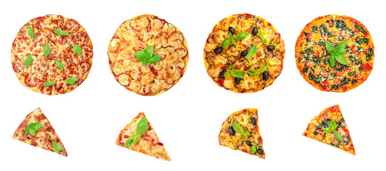 Homemade pizza collection isolated on transparent background. Top view