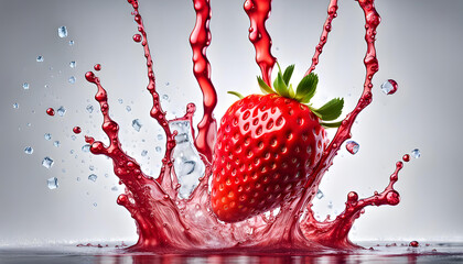 Big fresh strawberry fruit floating on splashes and waves of strawberry pulp and juice - obrazy, fototapety, plakaty