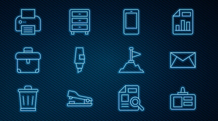 Set line Identification badge, Mail and e-mail, Mobile phone, Marker pen, Briefcase, Printer, Mountains with flag top and Archive papers drawer icon. Vector
