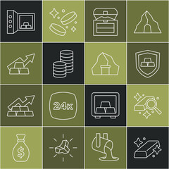 Set line Gold bars, with shield, Antique treasure chest, coin money, Growth arrow gold, Safe and mine icon. Vector