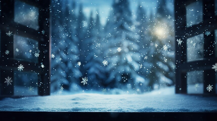 Winter background of falling snow and frost with free space for your decoration