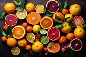 Different citrus fruits with leaves as background, top view. Generative AI