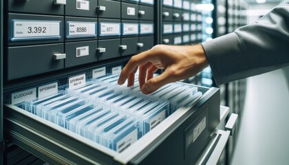 Biobank worker's hand placing labeled plastic boxes with biomaterial into a drawer of a storage system within a biobank