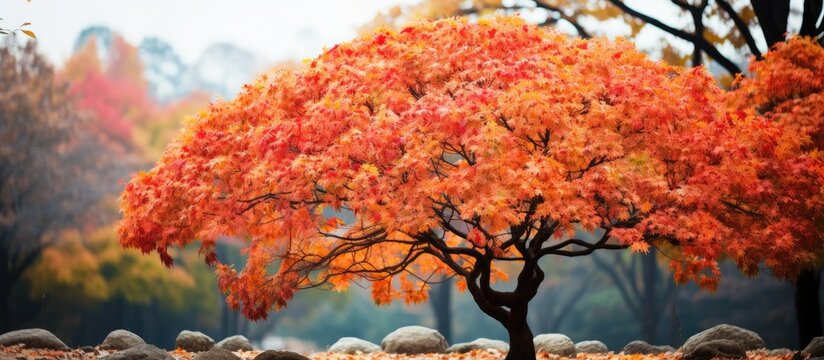 In the beautiful autumn forest a photo of a Chinese orange tree stood tall amidst the colorful foliage showcasing the vibrant hues of green and orange The woodsy scent lingered in the crisp 