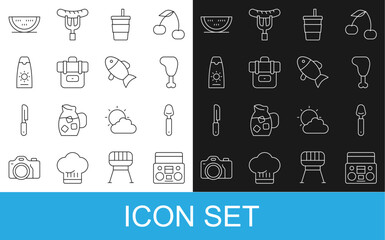 Set line Home stereo with two speakers, Spoon, Chicken leg, Paper glass water, Hiking backpack, Sunscreen cream tube, Watermelon and Fish icon. Vector