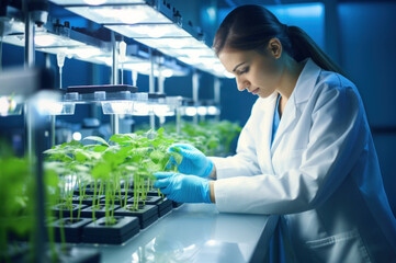 Woman botanist, scientist growing plants in modern lab. Biotechnology research - obrazy, fototapety, plakaty