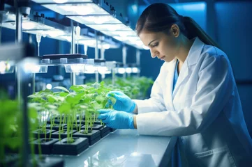 Foto op Aluminium Woman botanist, scientist growing plants in modern lab. Biotechnology research © Photocreo Bednarek