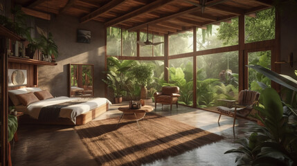 Fototapeta premium Eco-lodge hotel interior with tropical forest view, creating a serene and relaxing ambiance, surrounded by the nature, 3d render. Decor concept. Real estate concept. Art concept.