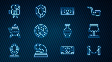 Set line Rope barrier, Table lamp, Classic carpet, Ancient coin, teapot, Retro cinema camera, amphorae and Gem stone icon. Vector