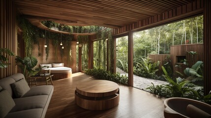 Eco-lodge hotel interior with tropical forest view, creating a serene and relaxing ambiance, surrounded by the nature, 3d render. Decor concept. Real estate concept. Art concept.