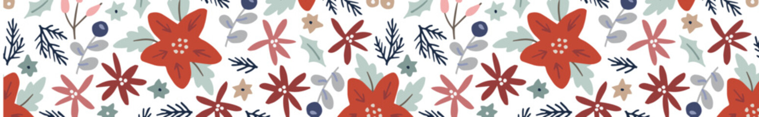 Elegant Christmas web banner. Seamless winter pattern with red poinsettia flowers, fir tree branches, holly berries. Decorative hand drawn frame, ribbon. Floral elegant illustration. Vector background