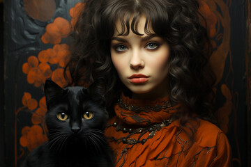 A captivating portrait capturing the beauty of a woman in the company of a sleek and mysterious black cat, a timeless union of elegance and feline grace. Ai generated