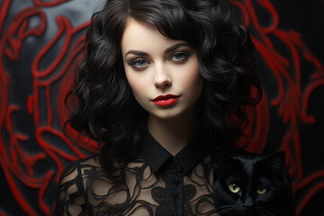 Fototapeta premium A captivating portrait capturing the beauty of a woman in the company of a sleek and mysterious black cat, a timeless union of elegance and feline grace. Ai generated