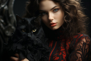 A captivating portrait capturing the beauty of a woman in the company of a sleek and mysterious black cat, a timeless union of elegance and feline grace. Ai generated