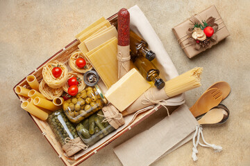 Products food in jars in a gift basket. Top view. Donation concept. Zero waste