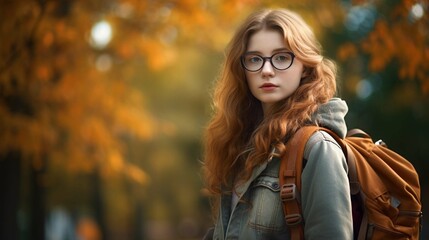A student girl with a backpack and glasses in the park in autumn photography ::10 , 8k, 8k render