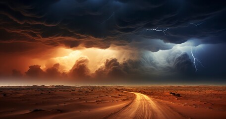 Desert Fury - Witnessing a Thunderous Storm in the Desert. Generative AI - obrazy, fototapety, plakaty