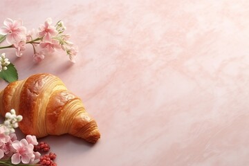 Croissant decorated with flowers, fresh and delicious. On a pink background with space for text.