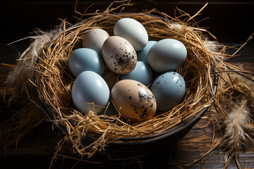 Fototapeta premium Experience the rustic simplicity and natural beauty of eggs showcased in a charming straw basket, bathed in the soft glow of natural light. Ai generated