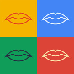 Pop art line Smiling lips icon isolated on color background. Smile symbol. Vector
