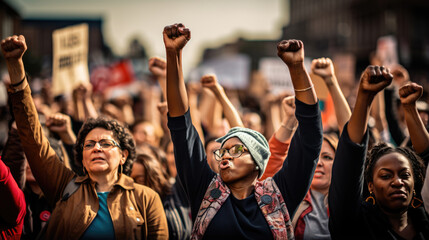 Fototapeta premium A passionate crowd of women raise their fists and voices in a demonstration, advocating for their rights and showcasing unity and empowerment.