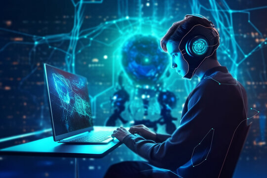 Explore the digital frontier with the fusion of metaverse possibilities and advanced AI. A vision where android chatbots redefine virtual interactions. Ai generated