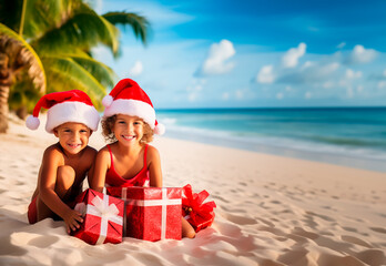 Siblings, brother and sister wearing Santa hats and holding Christmas presents while sitting in the sand on a tropical paradise beach. Shallow field of view.