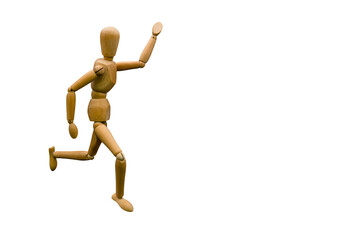 Wooden doll running. Human simulator model. Transparent background.