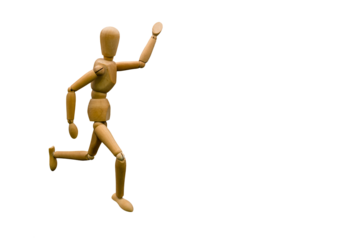 Wooden doll running. Human simulator model. Transparent background.