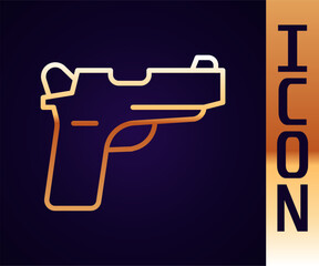 Gold line Pistol or gun icon isolated on black background. Police or military handgun. Small firearm. Vector
