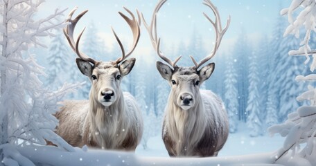 Arctic Panorama - Reindeers and the Serenity of Snow-Covered Pines. Generative AI