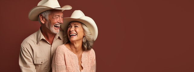 senior cowboy couple on color background, generative ai