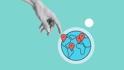 Collage with hand pointing to the world, pin on world map. Where to travel in the world. Choosing a...