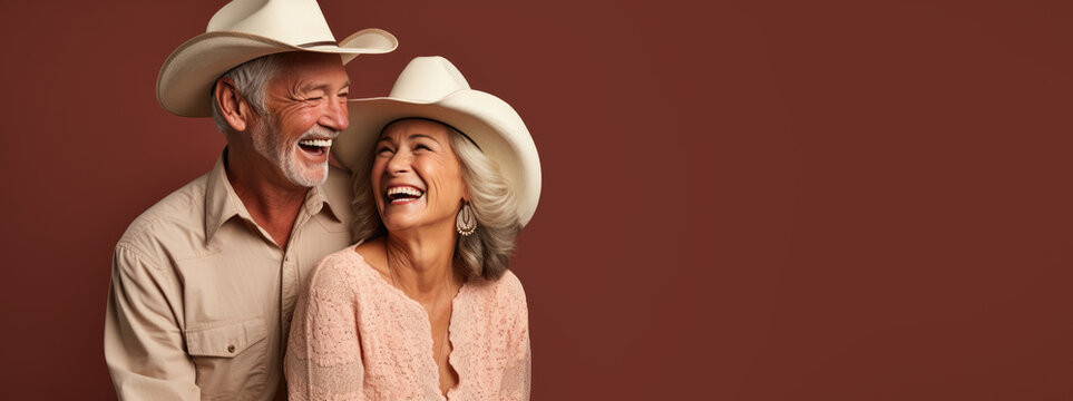 Senior Cowboy Couple On Color Background, Generative Ai