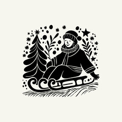 Naklejka premium Merry Christmas and Happy New Year illustration, for greeting cards, posters, holiday covers. Xmas festive linocut black hand drawn.