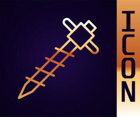 Gold line Construction jackhammer icon isolated on black background. Vector
