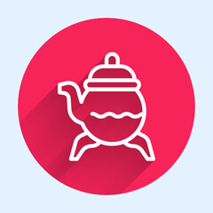 White line Classic teapot icon isolated with long shadow background. Red circle button. Vector