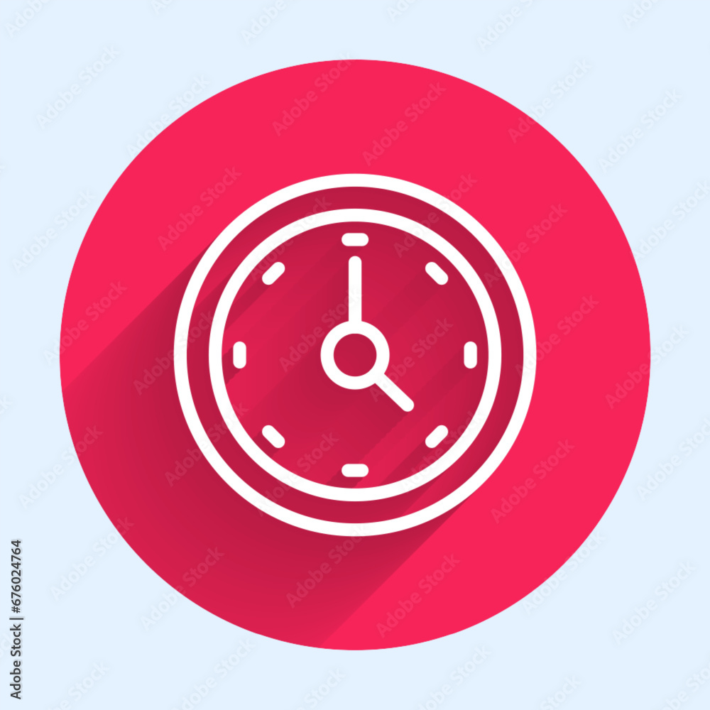 Poster white line clock icon isolated with long shadow background. time symbol. red circle button. vector