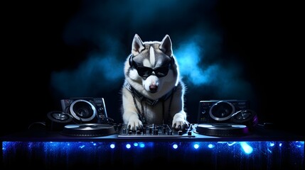 Husky Dog Being A DJ At EDM Rave Music Festival.  AI Generated.